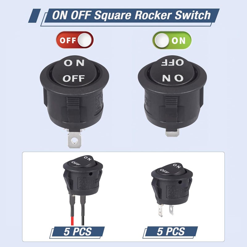VEXUNGA ON Off Round Rocker Switch 12V Switches Small Mini Toggle Switch 12Volt 2Pin AC 6A 250V 10A 125V 12VDC KCD1 Black for Car Automotive Boat (5Pcs with Leads 5Pcs Without Wires) - Image 3